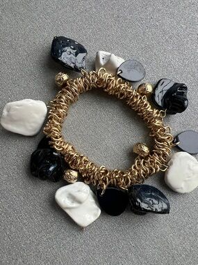 Gold Chain Charm Bracelet with Dark Navy and White Stone Charms